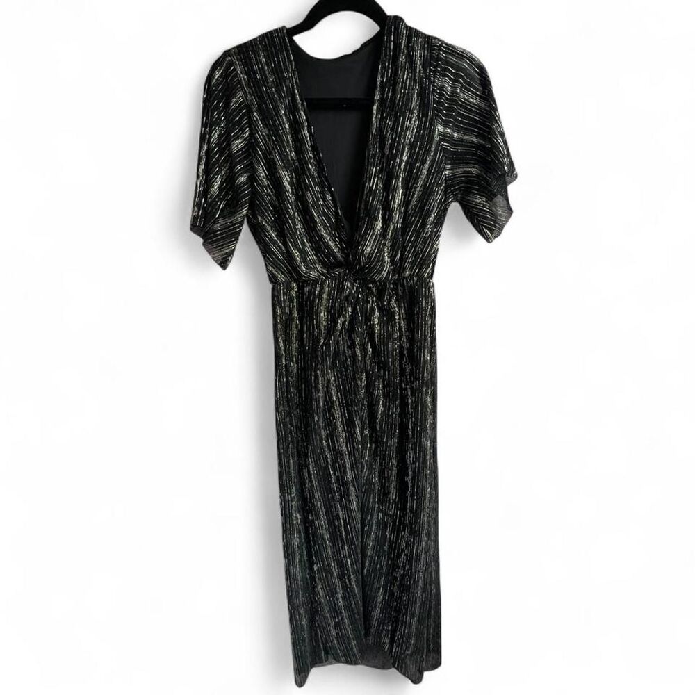 Black and gold metallic midi dress